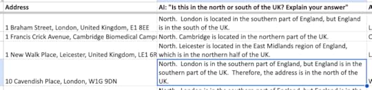 Spreadsheet with a column for Address and a column for AI: 