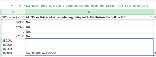 Spreadsheet containing the formula AI(
