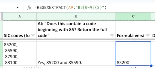 Spreadsheet showing the formula =REGEXEXTRACT(A9,
