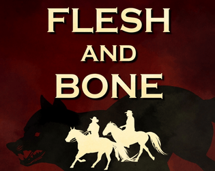 Flesh and Bone square graphic with the title against a dark red background and a wolf shadow, with two mounted riders in pale yellow like the title in front of the wolf.