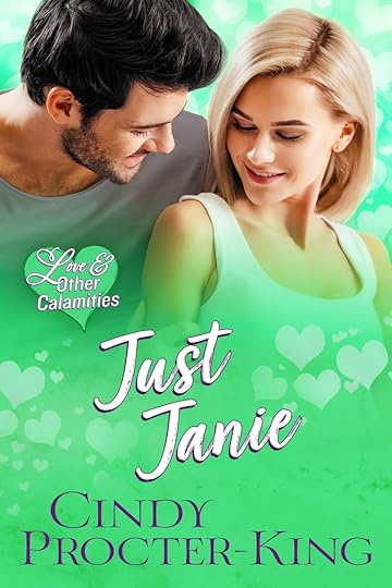 Green book cover with hearts featuring a dark-haired Keon and a blonde Janie smiling and gazing at each other with eyes downcast.