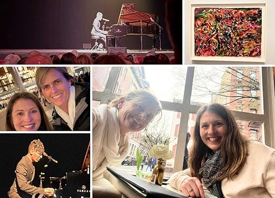 The top left image shows a Jon Batiste piano performance on stage. He’s seated at grand piano. The top right image displays a vibrant abstract painting with red, pink, green, and black swirls. The center image shows me and my friend Patricia smiling outdoors in NYC at night. The middle right photo shows us seated indoors by a large window with city buildings in the background. The bottom left image features another photo from Batiste’s performance.