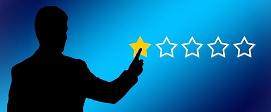 A black silhouette of a person in front of a blue background. Five star outlines are floating to their right, one filled in yellow, as if the person was giving a one-star rating to something.