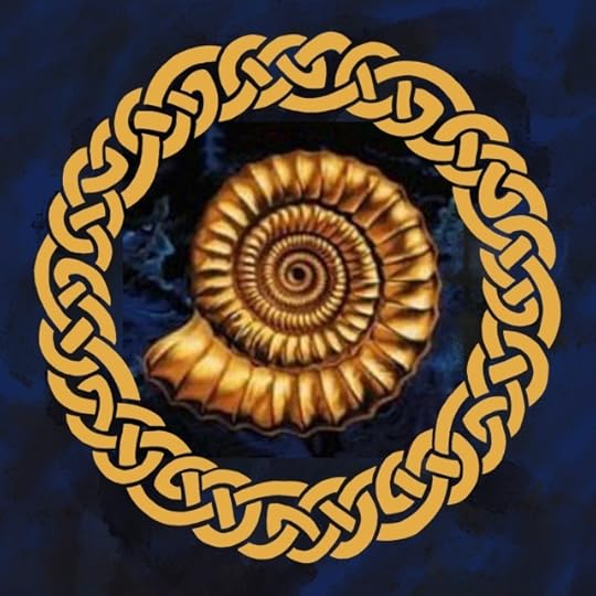 Gold against a dark blue background: an ammonite in the centre of a celtic-style interlace wreath 