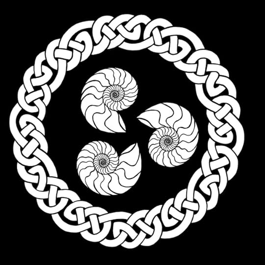 Three ammonites in the centre of a celtic-style interlace wreath