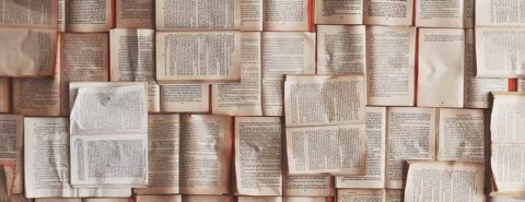 Close up on a collage of open books