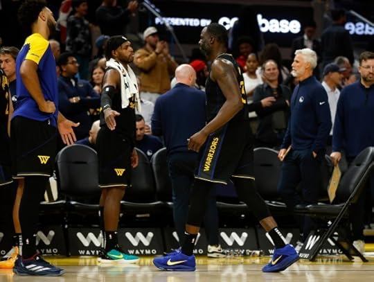 Golden State Warriors' Draymond Green (23) leaves the court after San Antonio Spurs' Harrison Barnes (40) scored the game-winning 3-point basket at the buzzer to beat the Golden State Warriors 114-111 at the Chase Center in San Francisco, Calif., on Wednesday, April 9, 2025. (Nhat V. Meyer/Bay Area News Group)