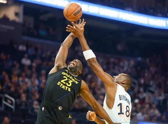 Golden State Warriors' Draymond Green (23) fights for a rebound against San Antonio Spurs' Bismack Biyombo (18) in the first quarter at the Chase Center in San Francisco, Calif., on Wednesday, April 9, 2025. (Nhat V. Meyer/Bay Area News Group)