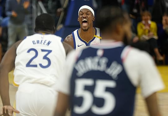 Golden State Warriors’ Jimmy Butler III (10) celebrates a 3-point...