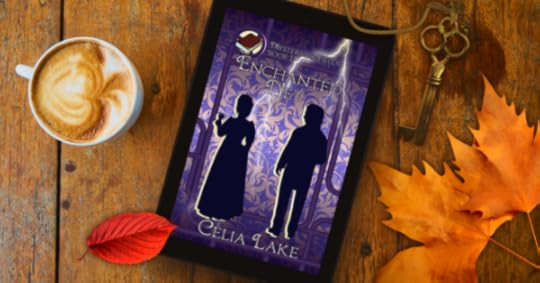 Enchanted Net: A silhouetted man and woman in Victorian dress stand with their backs to the viewer. She is holding a glass of wine as they look toward each other. The background is a purple damask, crossed by pipes and gears and a streak of lightning, with a book inset in the top left corner. The tablet is set on a wood table, with a coffee mug and fallen leaves.