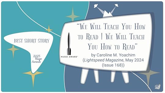 Screenshot from the video announcement of the 2025 Hugo Finalists. Text on the left says 