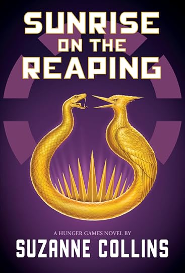 Pictured is the cover of Sunrise on the Reaping: A Hunger Games Novel by Suzanne Collins. The cover art is purple, and it shows the image of a flint-striker pendant depicting a snake facing a mockingjay.