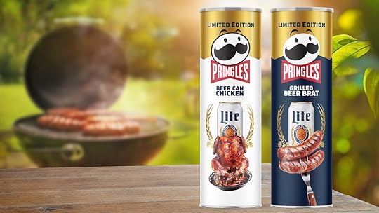 Two cans of Pringles Miller Lite flavors with a grill cooking sausages in the background