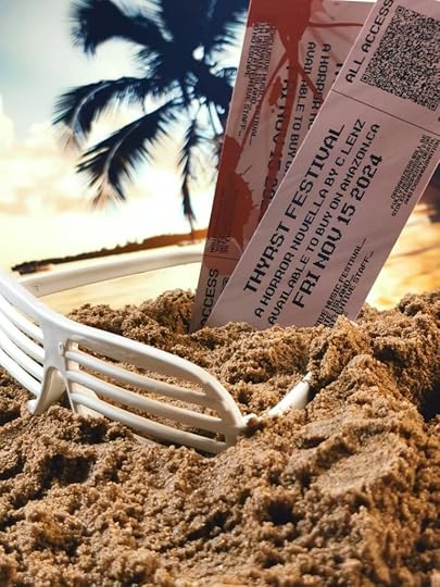 Tickets to Thyrst Festival in the sand of a beach. The tickets are bloodspattered.