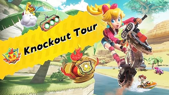 Peach on a motorcyle on a screen for Knockout Tour in Mario Kart World