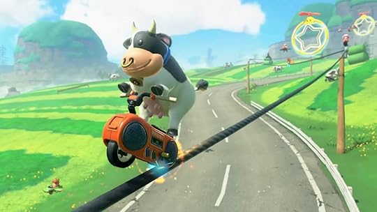 A cow driving on a wire in Mario Kart World