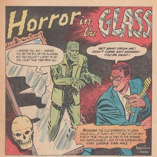 Splash panel for 'Horror in the Glass' from Dark Mysteries #4, signed Harrison-Bache