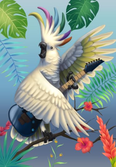 Digital art of a cockatoo with a dyed multicoloured crest playing an electric guitar