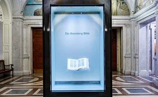 Medium distance photo of the Gutenberg Bible display box in the Jefferson Building.