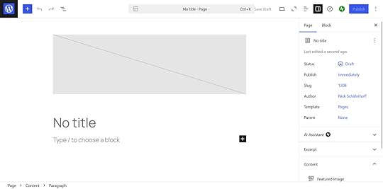 The Page editor with a placeholder image, title, and block text