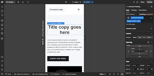 The mobile view for a website in Webflow