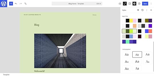 The Styles section open on the blog home template on WordPress