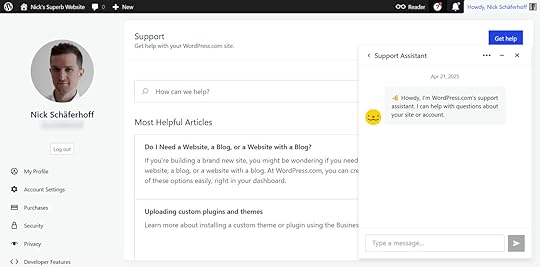 A screenshot of the WordPress.com support assistant chat window