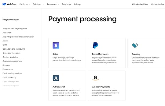A screenshot of the different payment processing options on Webflow including Stripe, PayPal, and Amazon Payments