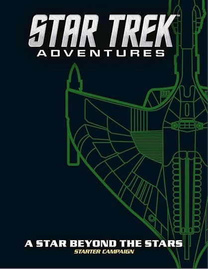 The cover of the Starter Adventure boxed set of Star Trek Adventures. A black box with green line artwork of a Romulan Warbird. The title is 