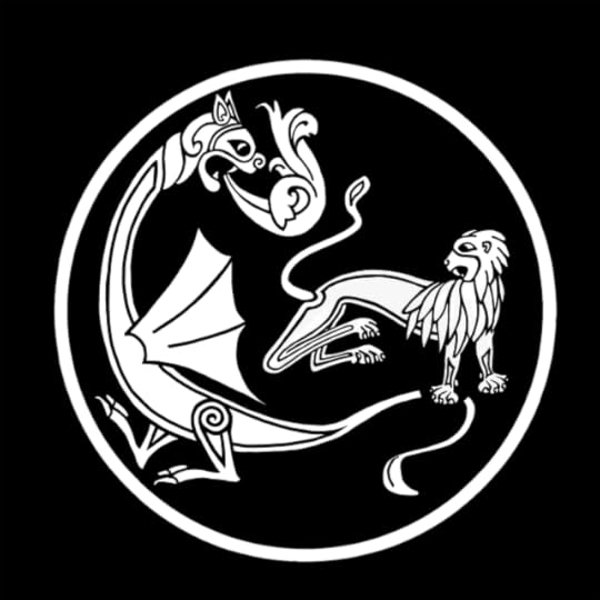Black and white graphic in Early Medieval insular manuscript style showing a lion fighting a dragon