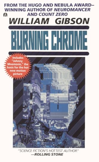 Cover art for William Gibson's short story collection BURNING CHROME. Shows a pixelated blue/grey hued bust of a human figure.