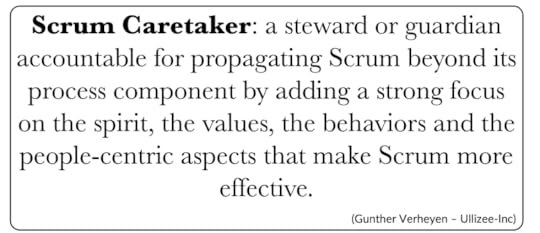 Definition of Scrum Caretaker outlining responsibilities and focus areas, displayed on a green background.