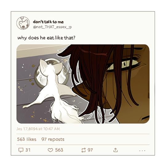 An illustration of a bluesky post. It's posted by Essex, the main character of the sci-fi, fantasy, detective book BLACK CLOAK. In the post, Essex is in the extreme foreground, looking at that camera with a look of consternation. Behind her, we can see her Taka (kinda cat like creature). This is Theodore. He is a teenager. Like all teenagers, he is being a weird little guy. Evidenced by him eating from his food bowl buy laying on the floor with both legs splayed out in a split. It looks very awkward and counterintuitive. Text above the post reads 'why does he eat like that?'Is it a phase? Who knows.