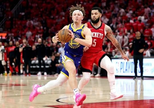 Brandin Podziemski #2 of the Golden State Warriors is defended by Fred VanVleet #5 of the Houston Rockets during the third quarter in Game One of the Western Conference First Round NBA Playoffs at Toyota Center on April 20, 2025 in Houston, Texas. (Photo by Alex Slitz/Getty Images)