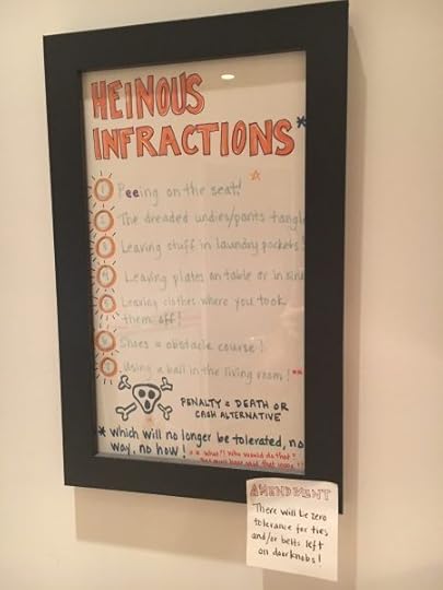 Framed hand-drawn poster reading: HEINOUS INFRACTIONS