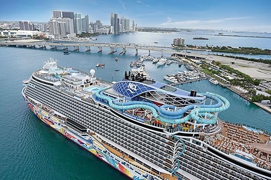 aerial of norwegian aqua at port in big city
