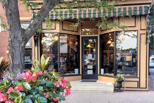 Exterior of bookshop with flowers