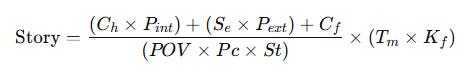 Mathematical formula representing the components of a story, including factors like character, setting, and plot.