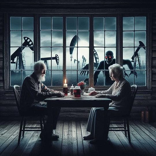 An elderly couple sits at a table in their dark, old wooden home. The windows background is oil wells, and a zombie with red eyes walking toward them