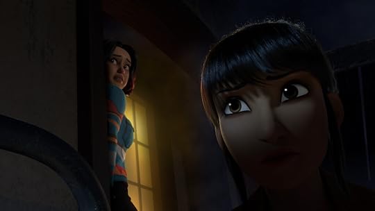 Two animated girls peer anxiously from behind a door and a stair railing in a dimly lit space. One girl is in the foreground with a serious expression, while the other peeks from behind a doorway lit by warm yellow light, looking worried and cautious.