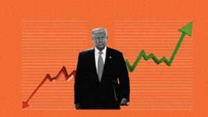 President Donald Trump, with line graphs on either side of him. On one side, a red arrow is going down, while on the other side, a green arrow is going up.