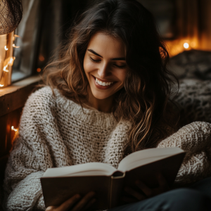 Happy reader curled up with a good book, lost in a story.