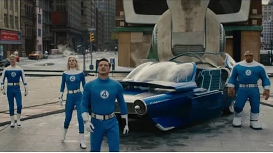 The cast of The Fantastic Four: First Steps looks up from the streets of New York.
