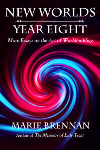 cover art for NEW WORLDS, YEAR EIGHT, showing a red-and-blue spiral on a black background
