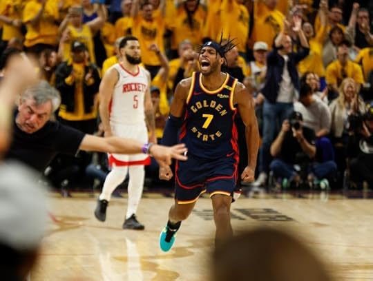 Golden State Warriors' Buddy Hield (7) celebrates after making a 3-point basket against the Houston Rockets in the third quarter of Game 4 of the Western Conference First Round NBA Playoffs game at the Chase Center in San Francisco, Calif., on Monday, April 28, 2025. (Nhat V. Meyer/Bay Area News Group)