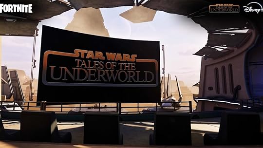 A virtual screen with Star Wars: Tales on the Underworld in an outdoor theater inside Fortnite