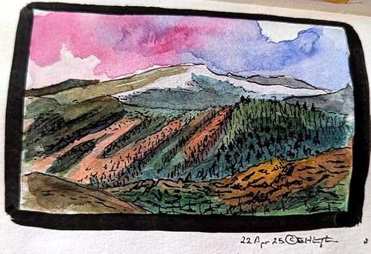 A watercolor sketch of a mountain in Tasmania with some pink and purple clouds behind it.