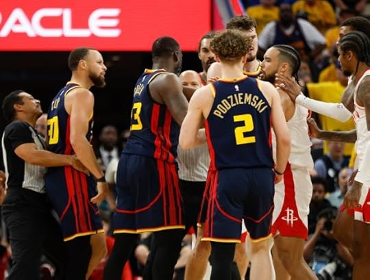 Golden State Warriors' Stephen Curry (30) and Houston Rockets' Dillon Brooks (9) scuffle in the second quarter of Game 4 of the Western Conference First Round NBA Playoffs game at the Chase Center in San Francisco, Calif., on Monday, April 28, 2025. (Nhat V. Meyer/Bay Area News Group)