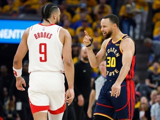 Golden State Warriors' Stephen Curry (30) points at Houston Rockets' Dillon Brooks (9) after Brooks fouled Curry in the second quarter of Game 4 of the Western Conference First Round NBA Playoffs game at the Chase Center in San Francisco, Calif., on Monday, April 28, 2025. (Nhat V. Meyer/Bay Area News Group)