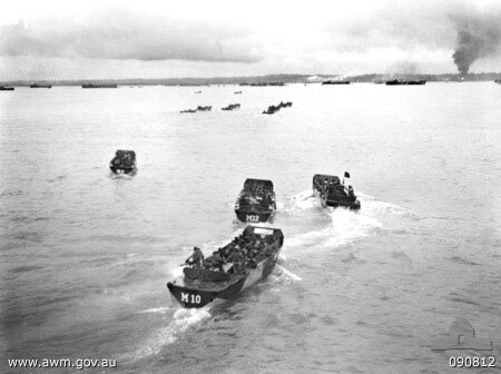 Men of the Australian 2/48 Infantry Battalion in landing craft, Tarakan, Borneo, 1 May 1945 (Australian War Memorial: 090812)